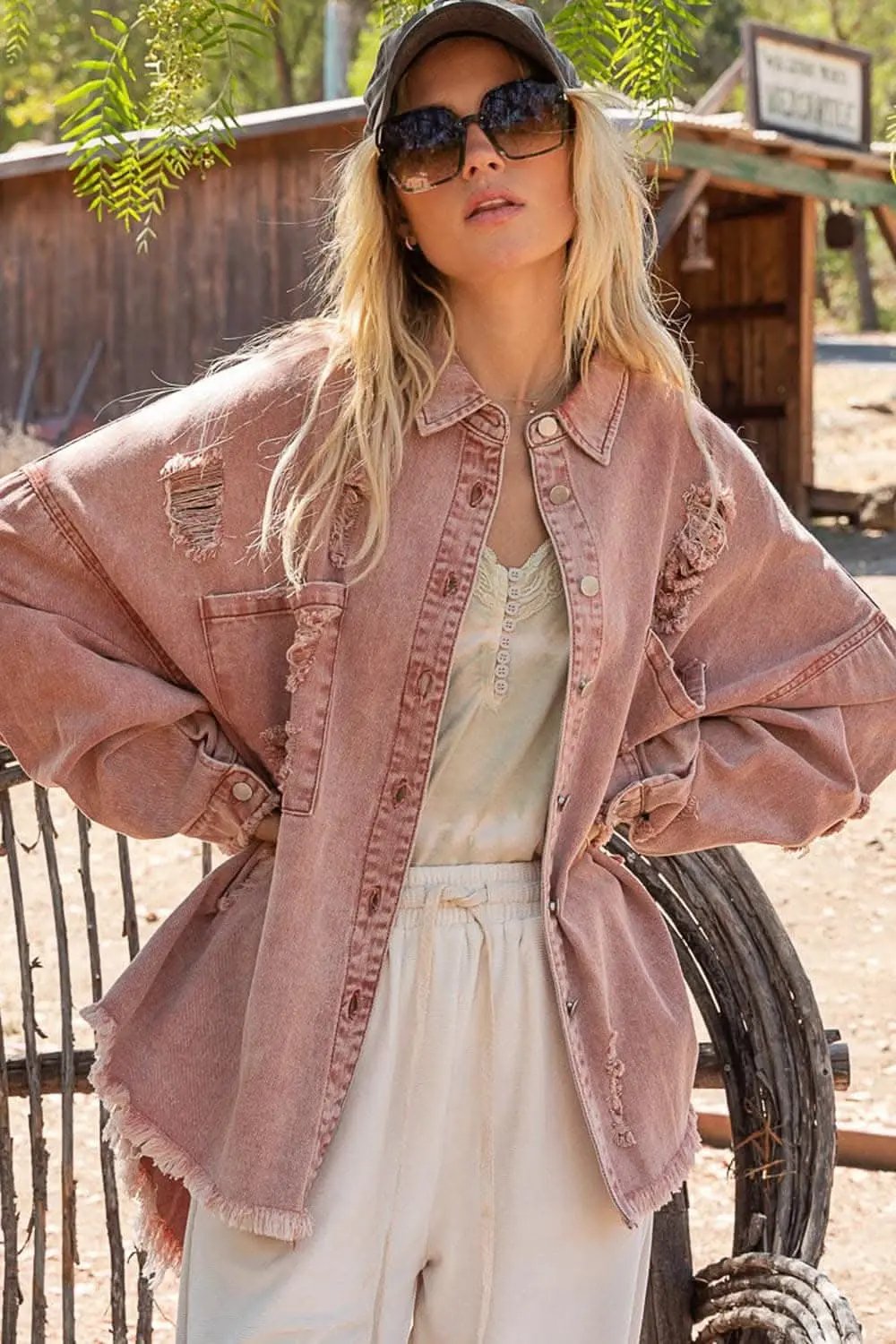 POL Button Down Raw Hem Distressed Shacket - Love Salve